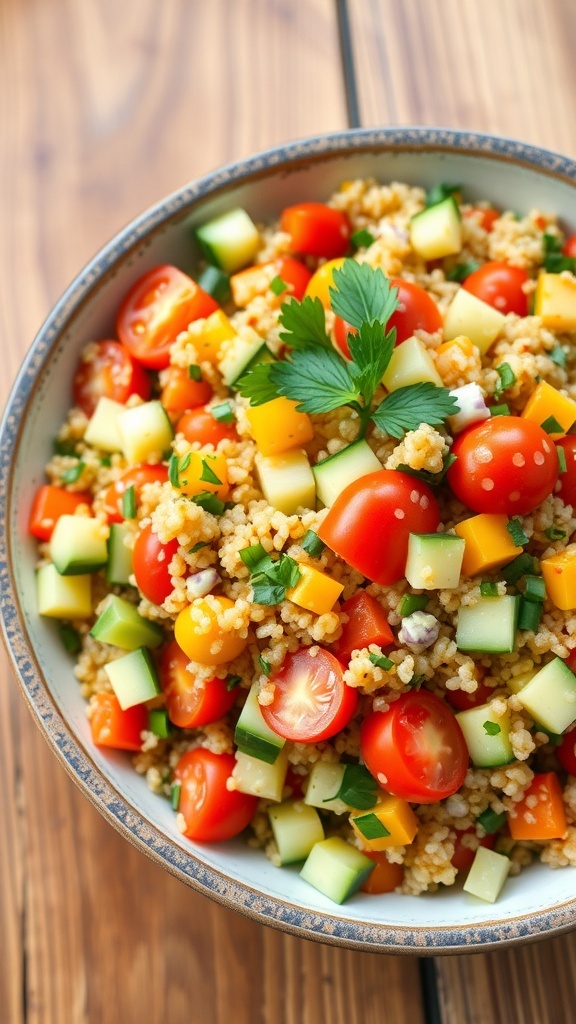 A colorful quinoa salad with bell peppers, tomatoes, cucumber, and parsley in a rustic bowl on a wooden table.
